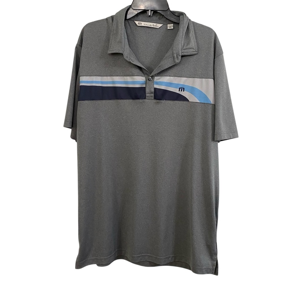 Travis Mathew Golf Polo Shirt Blue Gray Striped Short Sleeve Collared Button